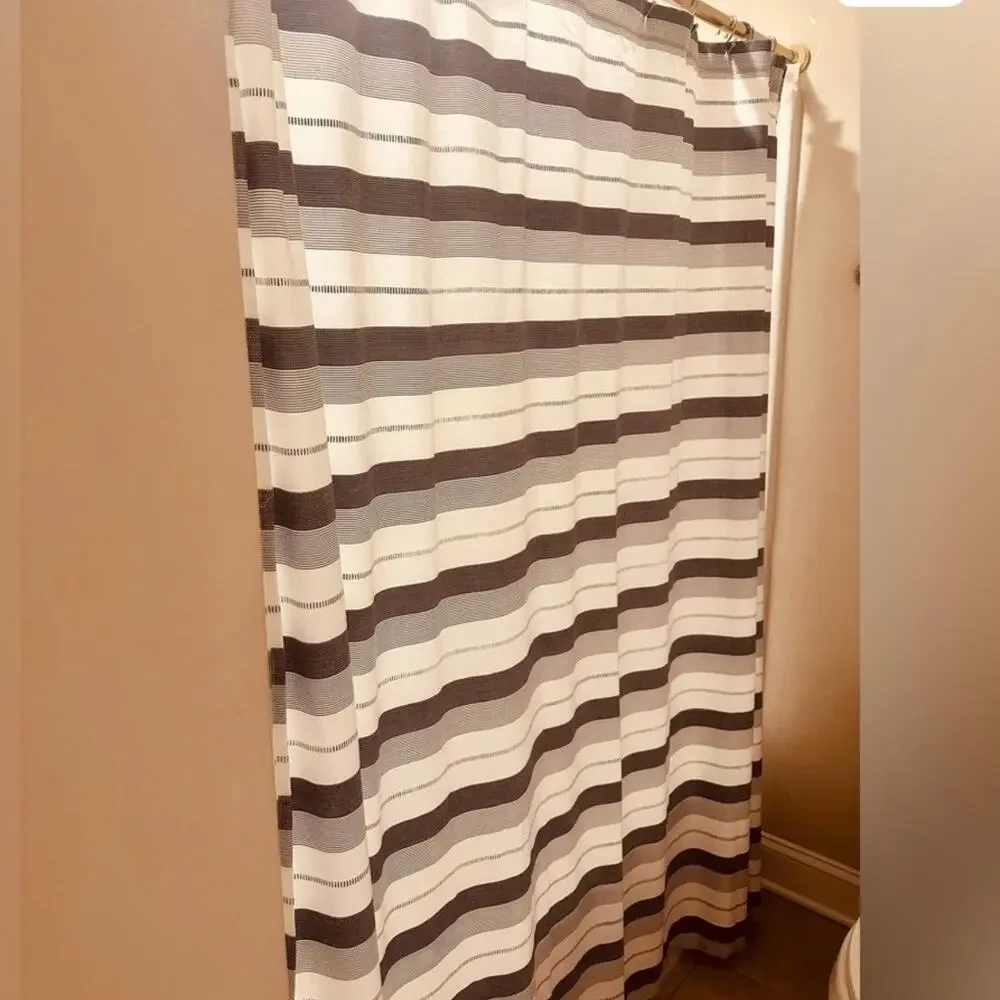 Navy Cream Striped Shower Curtain Modern Bathroom Fabric Neutral
